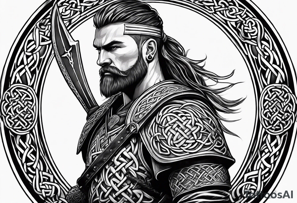 Full body side profile of Celtic warrior with weapons drawn tattoo idea Full body side profile of Celtic warrior with weapons drawn tattoo idea