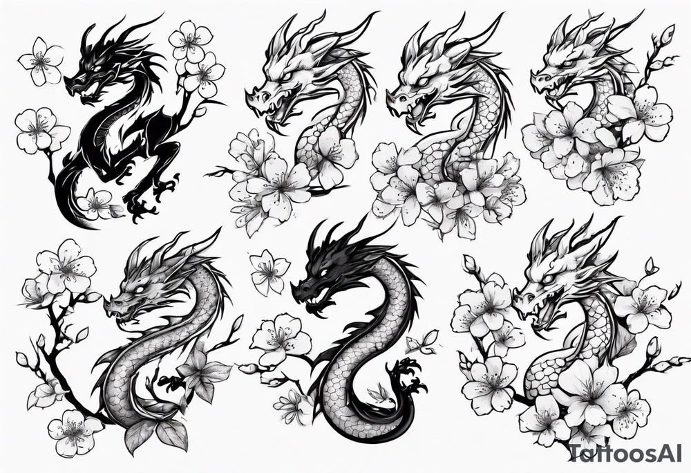 cartoon dragon on cherry blossom branch tattoo idea
