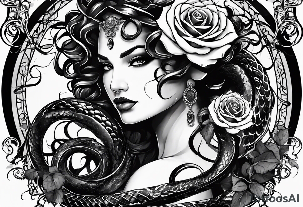 Medusa black roses, her story, just her head, rare, unique Mystic, mythical snakes, scales black shadow tattoo idea