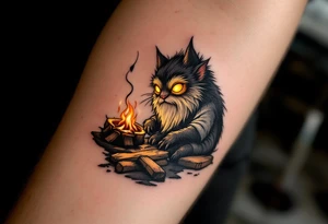 Domovoi Spirit – A small, bearded creature in fur and linen with glowing yellow eyes, sitting by a hearth with amber flames and wooden textures in brown and ochre. tattoo idea