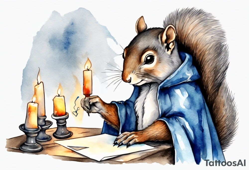 an elderly grey squirrel dressed in a grey and blue cloak writing a letter by candlelight tattoo idea