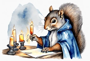 an elderly grey squirrel dressed in a grey and blue cloak writing a letter by candlelight tattoo idea