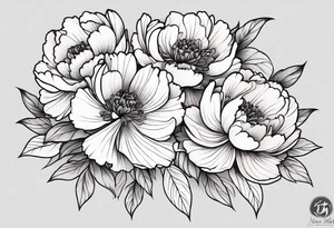 Shoulder and forearm tattoo for woman. Japanese style peony flowers bunch with stems extended to the forearm. Lightly coloured. Thin lines. tattoo idea