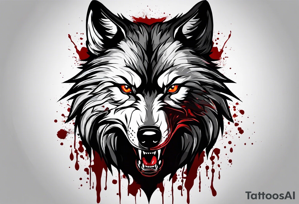 Create aggressive WOLF, with some blood coming out of his mouth and saliva. BLOOD IN THE BACKGROUND. Make it a drawing and use the image of reference. I am going to add. I want HIM TO BE ANGRY WITH RED EYES use VICIOUS WOLF THATS ANGRY tattoo idea