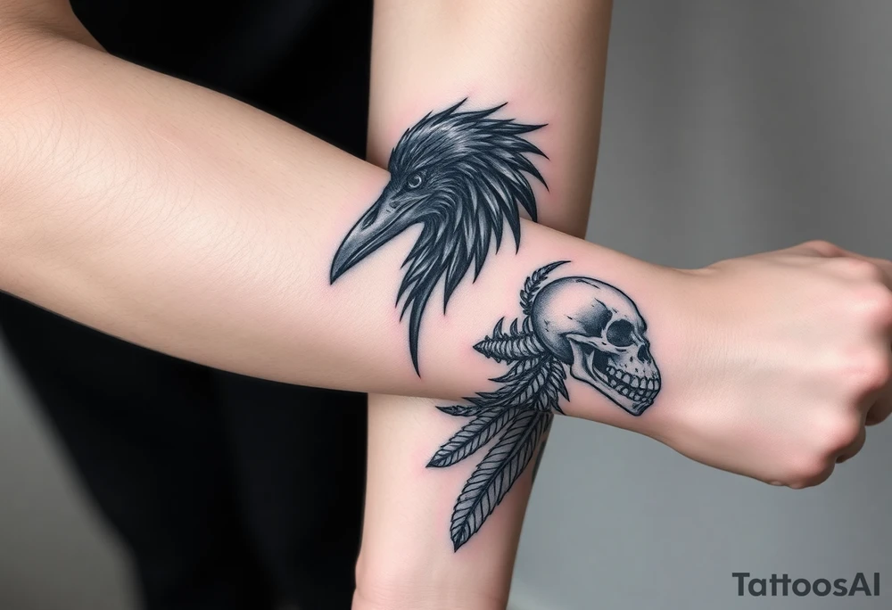 Double forearm tattoo with one normal crow head, feathers and a moon joint with the other forearm with a skeleton of a crows head and feathers all around tattoo idea