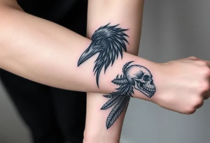 Double forearm tattoo with one normal crow head, feathers and a moon joint with the other forearm with a skeleton of a crows head and feathers all around tattoo idea