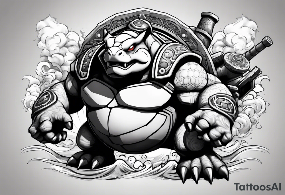 Blastoise angry with cannons on his shoulders tattoo idea