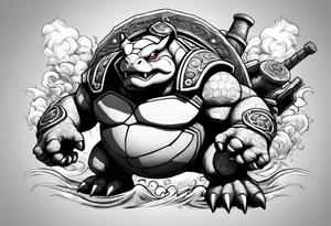 Blastoise angry with cannons on his shoulders tattoo idea