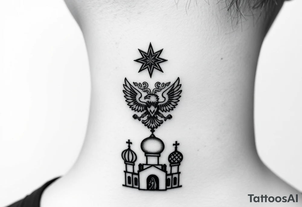 Stacked Vertical Column 

Russian star — small, bold
Middle: Miniature double-headed eagle — simplified, cleaner lines to suit the smaller space
Bottom: Orthodox church dome(s) with a small Virgin Mary silhouette beneath tattoo idea