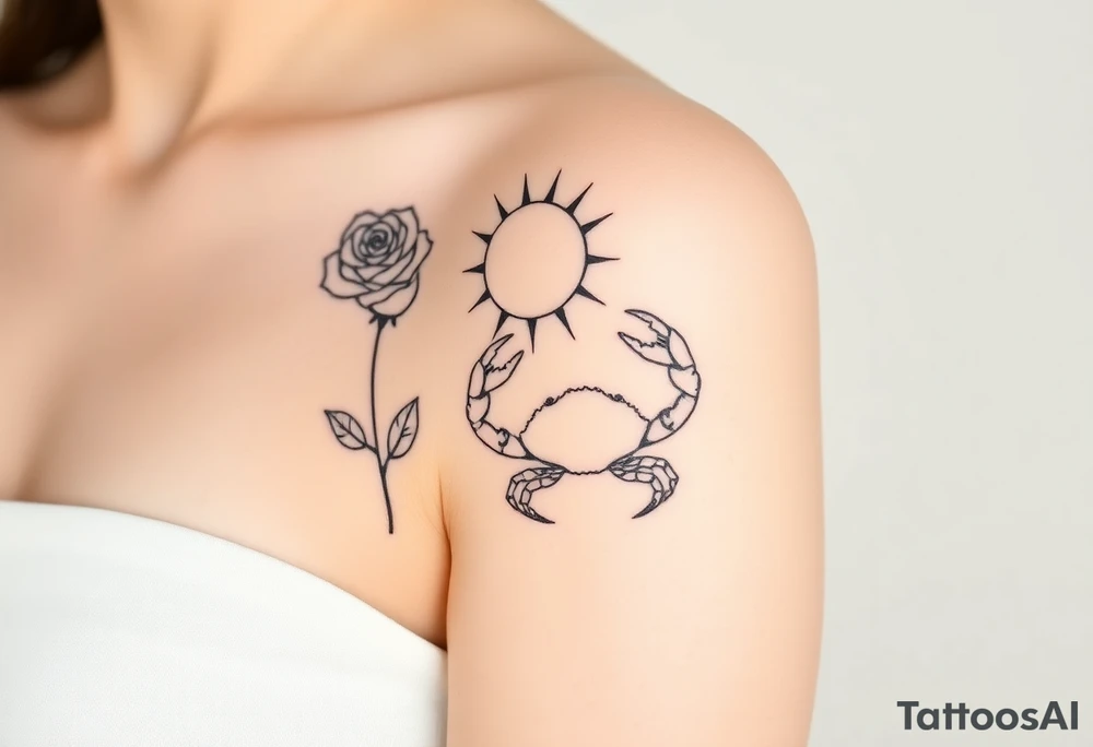 Rose and sun and crab tattoo idea