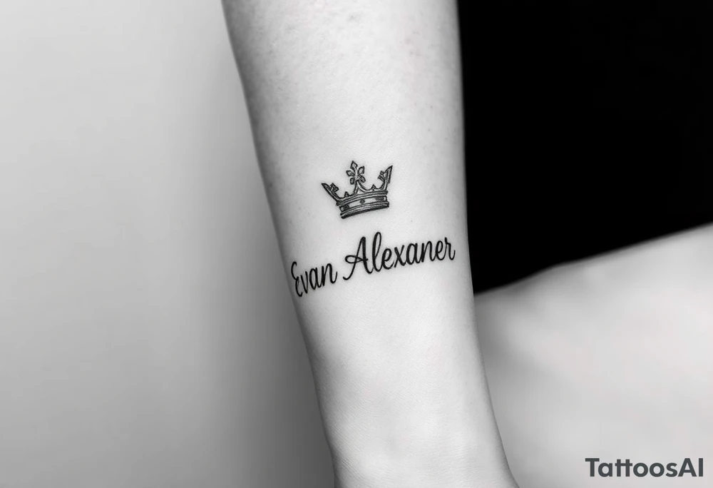 Name tattoo that says Evan Alexander with a crown on forearm tattoo idea