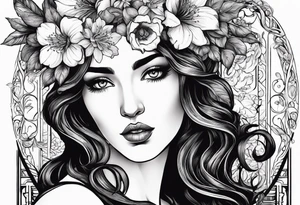 Greek mythology with persephone goddess with a dark or gothic perspective. Include pomegranate, flowers and her being the queen of the underwood tattoo idea