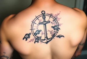 Broken compass with an anchor at the bottom
5 sea turtles swimming through it
Watercolor background tattoo idea