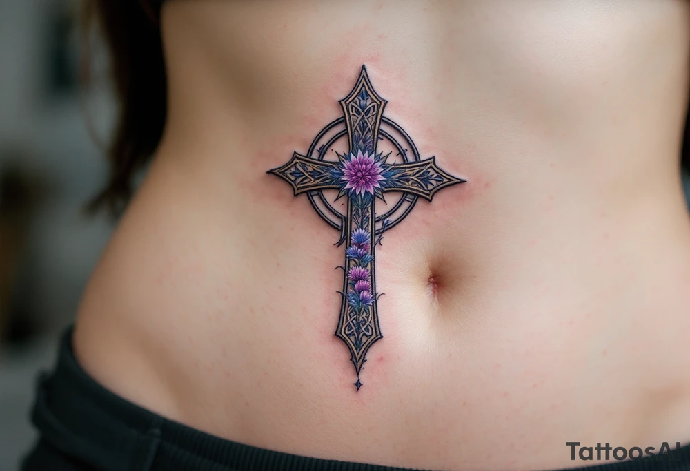 A Celtic cross covered in blue and purple thistles, representing resilience and Scottish heritage. tattoo idea