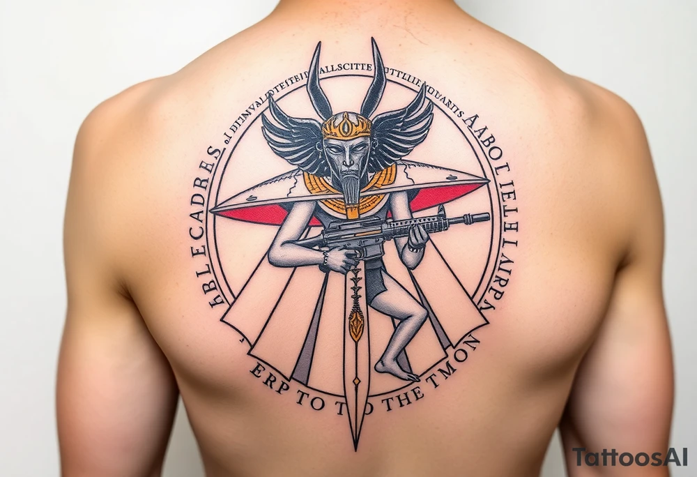 "Anubis in a ufo, holding a tommy gun. . Hieroglyph background spells 'BTC TO THE MOON'.  

Style: Art Deco meets cyber-Egyptian. Black/red/gold ink. Forearm sleeve." tattoo idea