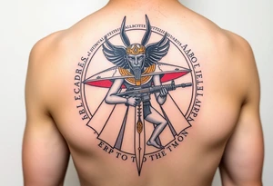 "Anubis in a ufo, holding a tommy gun. . Hieroglyph background spells 'BTC TO THE MOON'.  

Style: Art Deco meets cyber-Egyptian. Black/red/gold ink. Forearm sleeve." tattoo idea