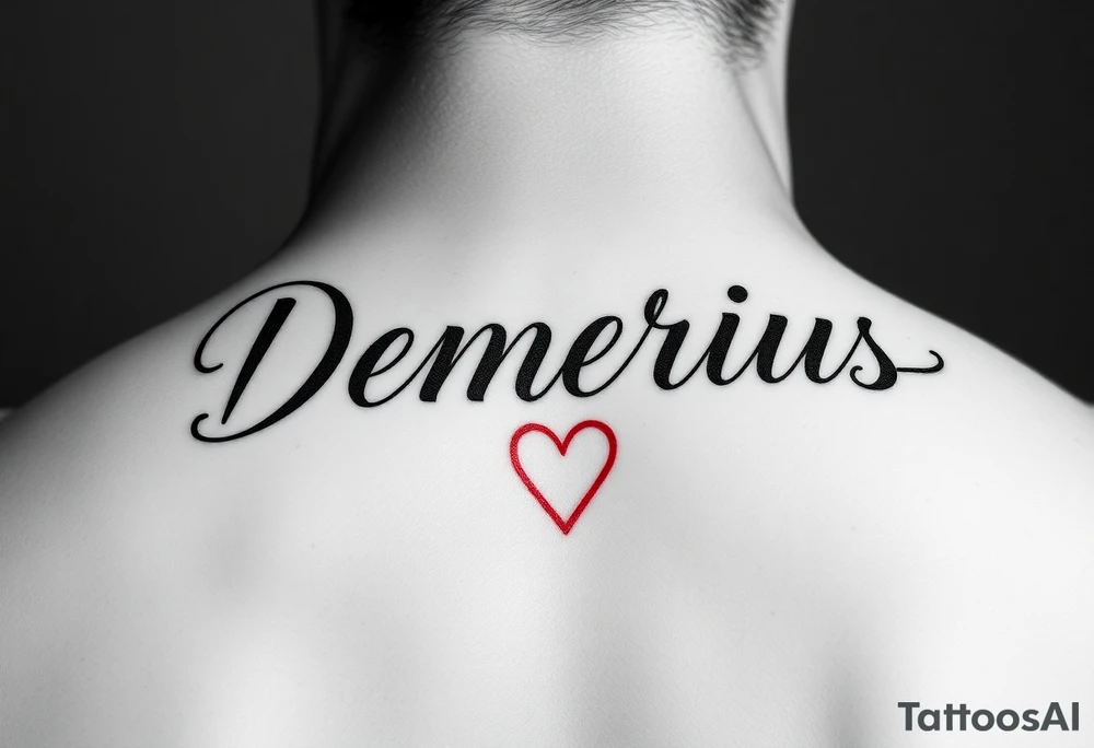 demarius name in cursive in red ink with a heart over the i tattoo idea