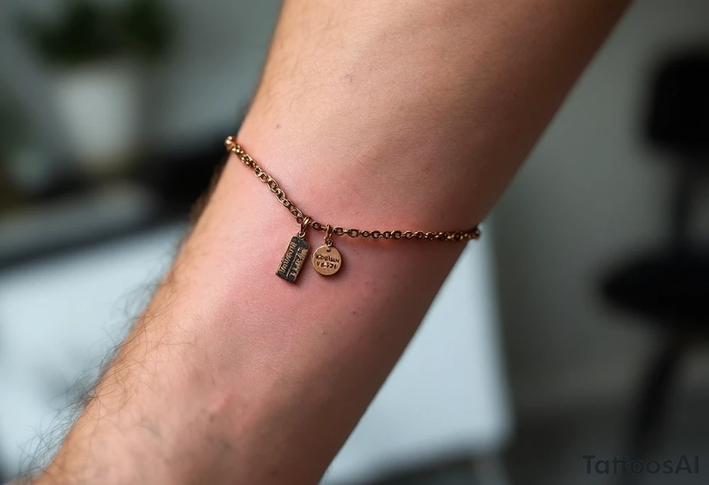 A dainty chain bracelet tattoo with hanging charm tags engraved with "Kristian – 15.8.2018 v 21:21" in metallic bronze ink tattoo idea