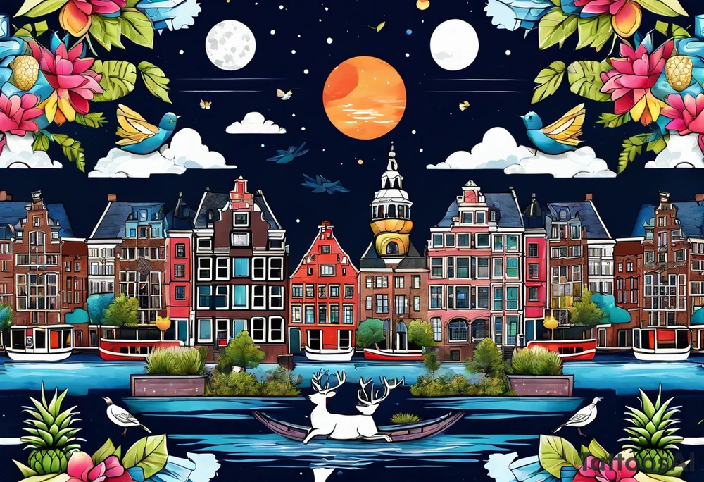 Stag deer with white tiger and birds with pineapples featuring Amsterdam buildings and canal in galaxy colours and Amsterdam buildings and canal in space tattoo idea