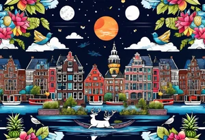 Stag deer with white tiger and birds with pineapples featuring Amsterdam buildings and canal in galaxy colours and Amsterdam buildings and canal in space tattoo idea