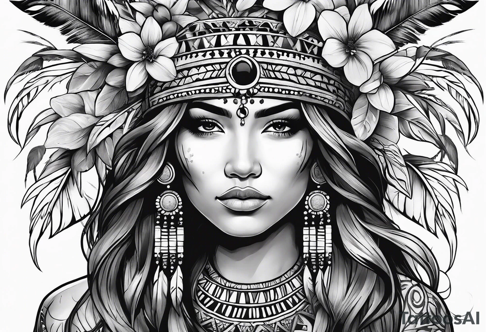 Native american girl, Taurus, flowers, dream catcher, pacific island tattoo idea