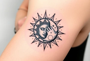 celestial sun and moon embrace with constellation patterns tattoo idea