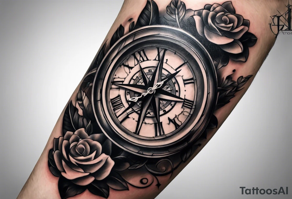 draw me a tattoo with an old clock and a compass rose. shadows of roman numerals are in the background. it is a tattoo located on the left shoulder of a man. it is black and white. tattoo idea