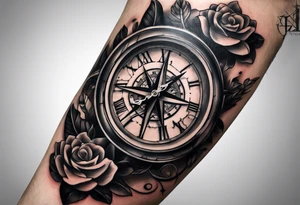 draw me a tattoo with an old clock and a compass rose. shadows of roman numerals are in the background. it is a tattoo located on the left shoulder of a man. it is black and white. tattoo idea