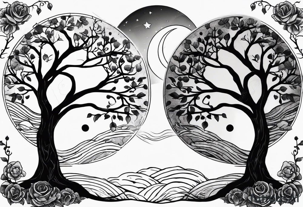 Simple Tree holding the sun on the right side and the moon on the left side tattoo idea