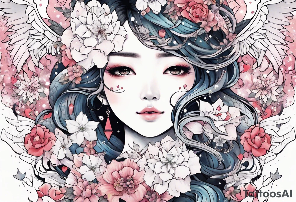 Constellation, wing , snow , cross , dragon female japan kawaii , flower tattoo idea