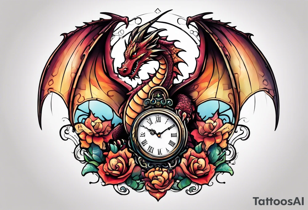 Dragon kawaii , clock, cross tattoo idea