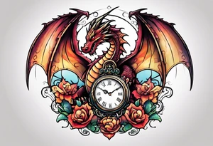 Dragon kawaii , clock, cross tattoo idea