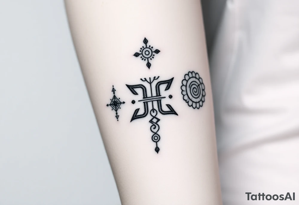 A geometric tattoo with 5 Symbolic elements for each family member. Two base elements for my husband, intertwined floral patterns like mirrored vines or spiral paisleys representing our identical twins, and another element for my oldest son.  Details like the Gemini zodiac symbol,  feminine-yet-bold linework, Detailed dotwork, linework, and geometric accents around each symbol, Interconnected elements to reflect family unity tattoo idea
