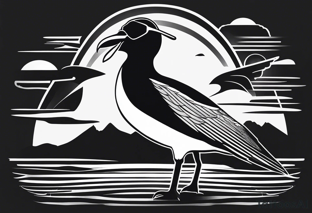 Black and white silhouette illustration of a seagull (albatross) with a human body, wearing sunglasses and a hat. The bird’s wings and head are shown in dynamic, stylized shapes, while its human body is positioned confidently, holding a camera. The design is playful and minimalistic, with clean lines defining the figure and accessories. The background features abstract, simplified shapes of a serene beach and a clear sky, creating a sense of relaxation and adventure. The silhouette emphasizes the whimsical character of the scene, with strong contrasts to highlight the unique design. tattoo idea