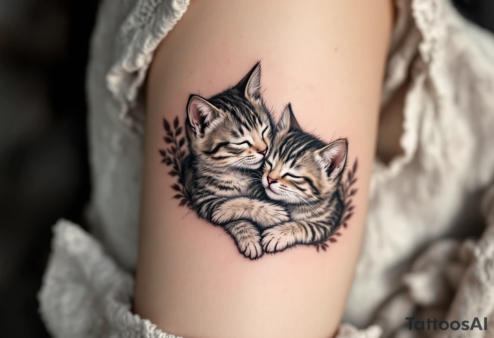 A cat and kitten in black ink intertwined in sleep represents warmth, trust, and quiet love. tattoo idea