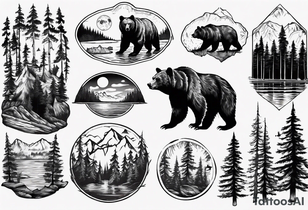 bear, forest, lake, appalachia, arm sleeve tattoo tattoo idea