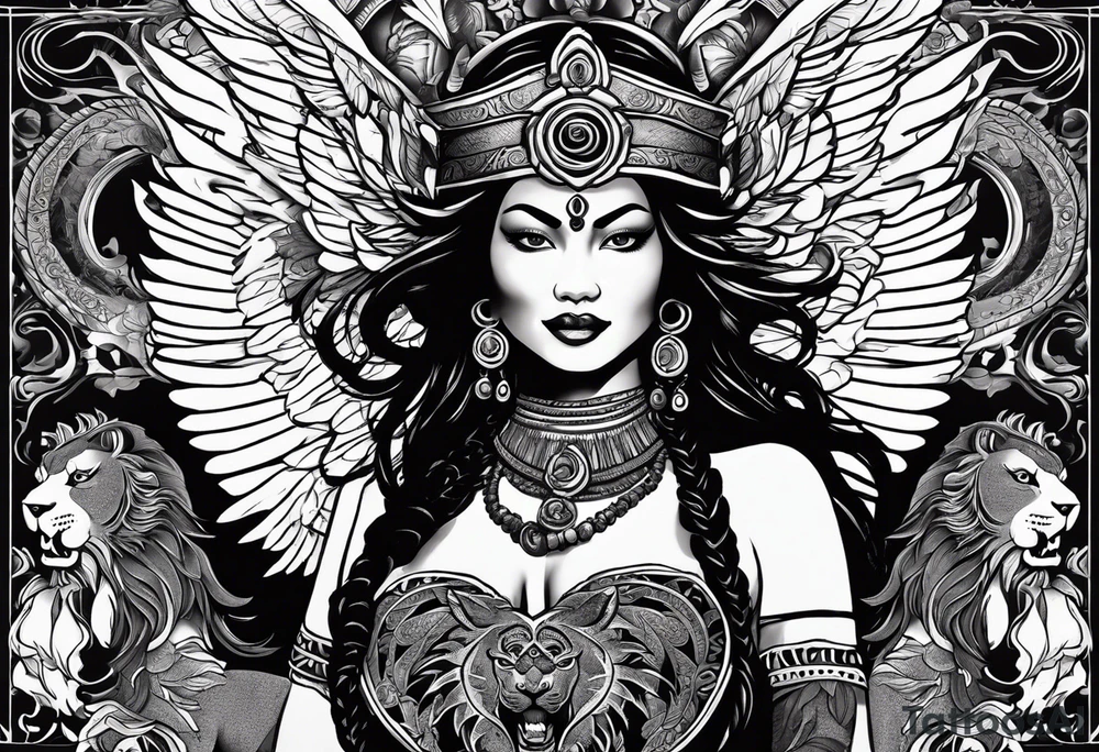 black kali, goddess pirate, alien, angel, pachamama, valkrye, warrior, flying, skull, lotus azul, wing, eagle, zenza resonance, stars, 5D, anahata chakra, death, durga, riding on a tiger, flying lady, kundalini, chest tatoo, rebel tattoo idea