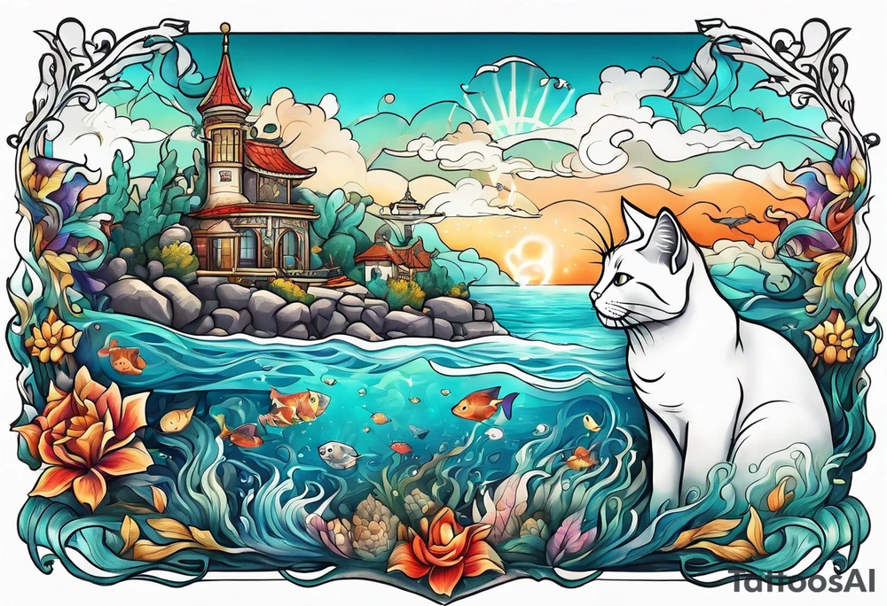 Underwater landscape with a family crest, a cat and a woman tattoo idea