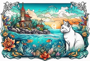 Underwater landscape with a family crest, a cat and a woman tattoo idea