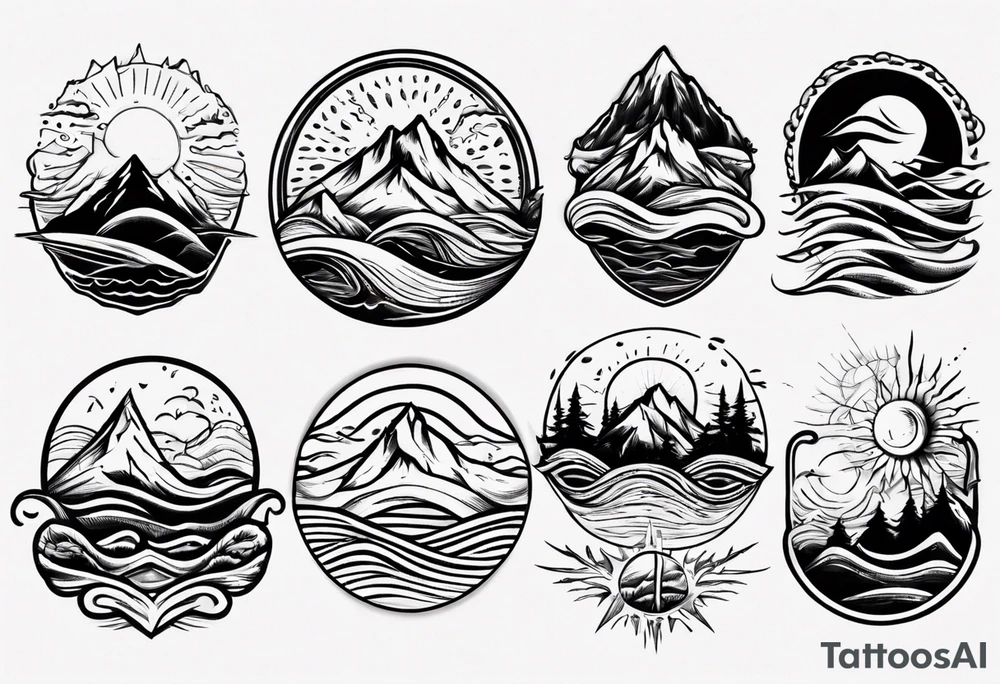mountain with waves and sun tattoo idea