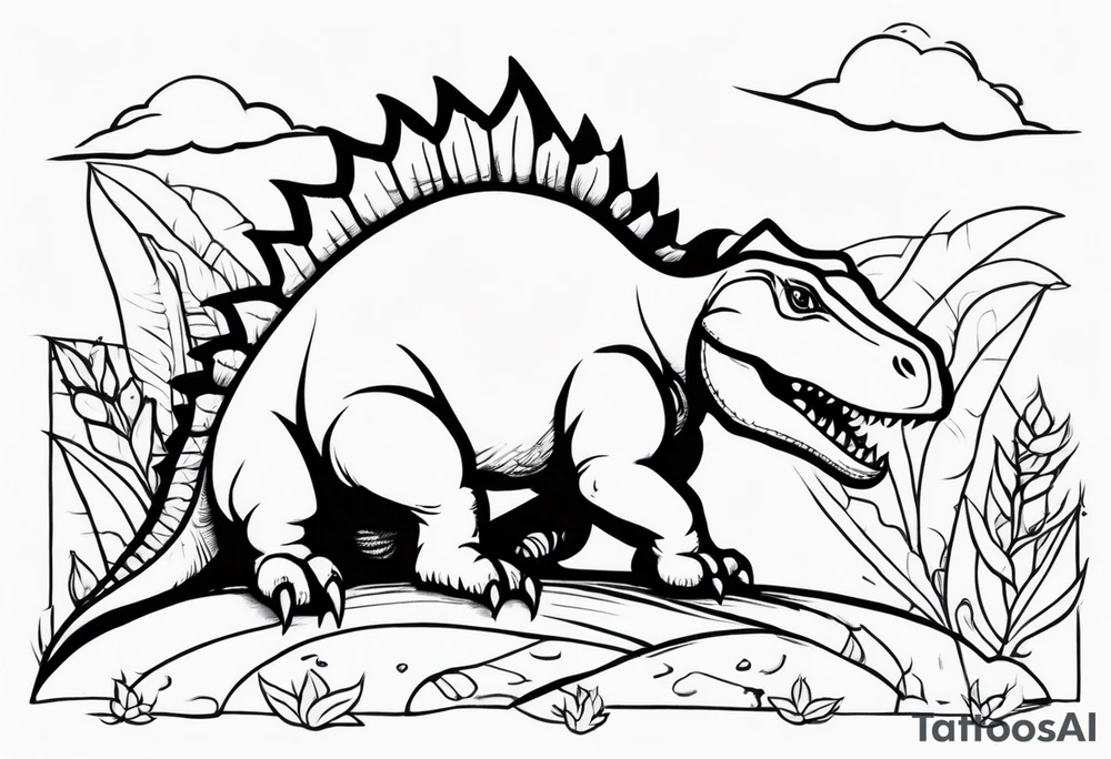 Draw me a simple sweet sitting dino who is drawing on a painting tattoo idea