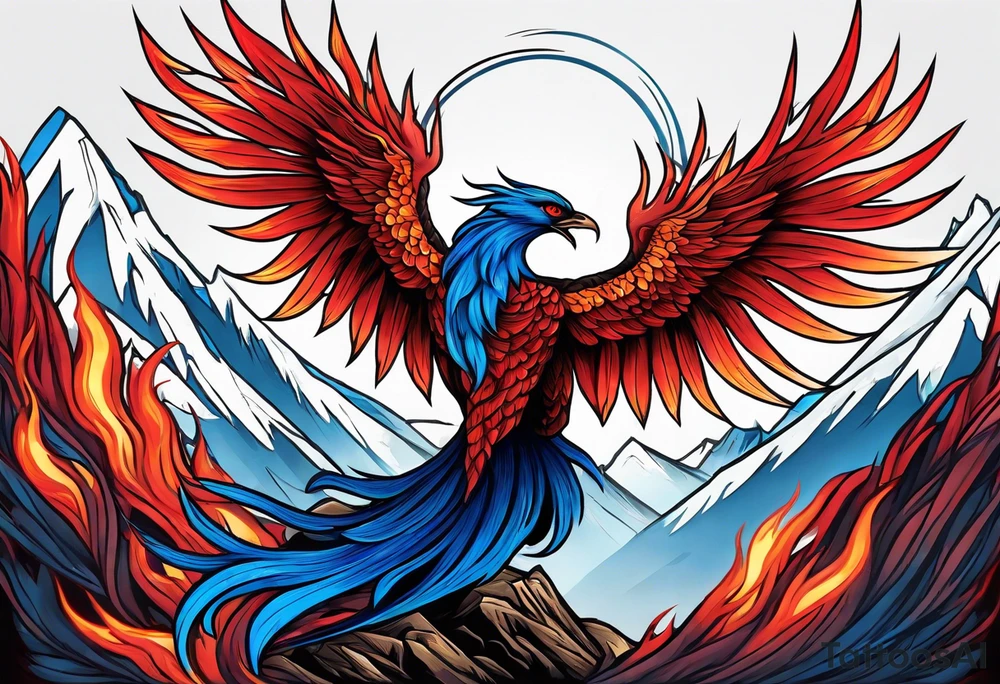 Blue and red Phoenix on fire on a mountain tattoo idea