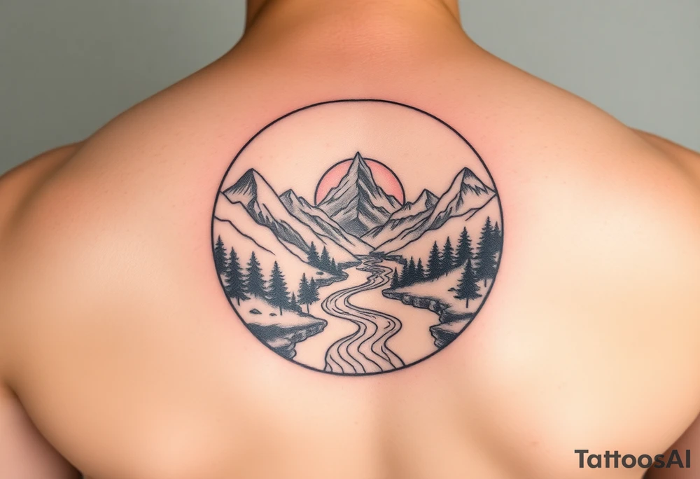 mountains, river and sunrise, let it all be inside one circle. tattoo idea