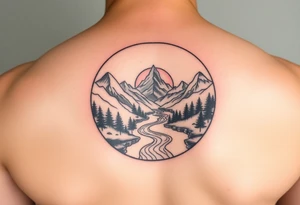 mountains, river and sunrise, let it all be inside one circle. tattoo idea