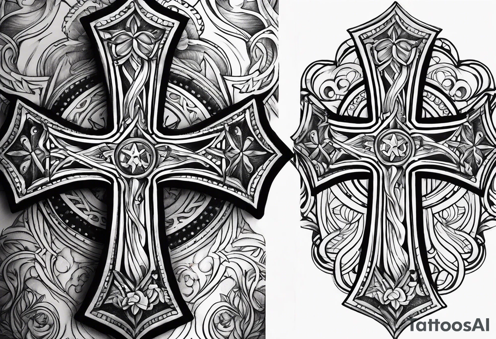 leather half sleeve with detailed cross tattoo idea