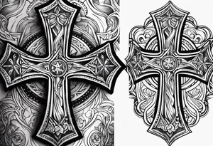 leather half sleeve with detailed cross tattoo idea