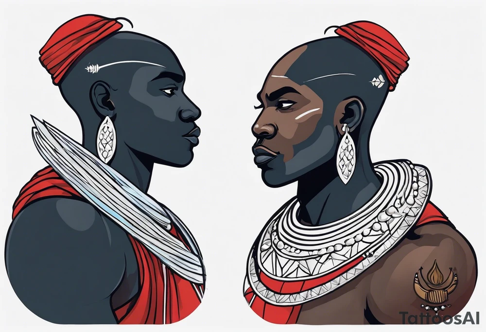 Black-skinned bald african warrior. He wears a simple and small silver crown. He uses two simple necklaces: one blue, other red. He has cowry shells in his crown tattoo idea