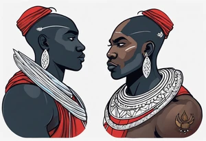 Black-skinned bald african warrior. He wears a simple and small silver crown. He uses two simple necklaces: one blue, other red. He has cowry shells in his crown tattoo idea
