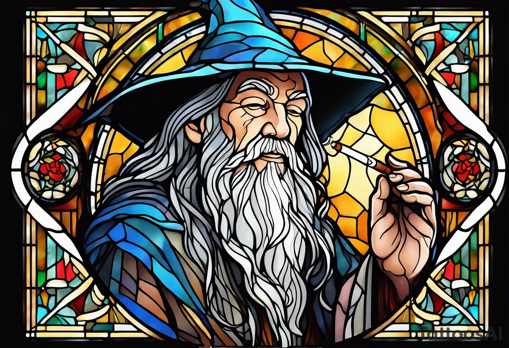 Gandalf smoking
 in stained glass tattoo idea