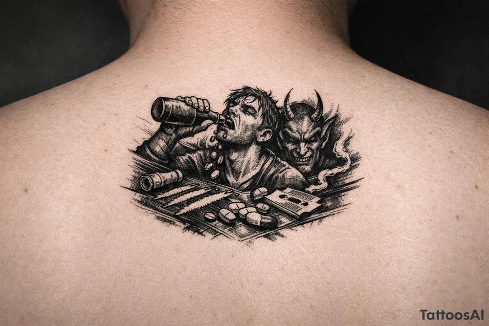 Fuck it, I don't give a damn, bottle in my hand
Pill poppin', jaw lockin', slumped where I stand
Lines on the counter, devil in the cut
All these drugs, motherfucker, I just mix 'em up tattoo idea Fuck it, I don't give a damn, bottle in my hand
Pill poppin', jaw lockin', slumped where I stand
Lines on the counter, devil in the cut
All these drugs, motherfucker, I just mix 'em up tattoo idea